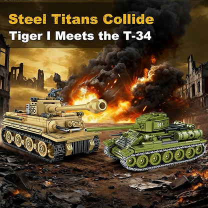 Sosuy WW2 Building Block Army Tank-Sets for Boys Men 1:32 Movable German Tiger &amp Soviet T-34 Military Toys for Kids Ages 8+ Mini Cannon Vehicle Model History Birthday Gifts for Teen Girls 1030 Pi