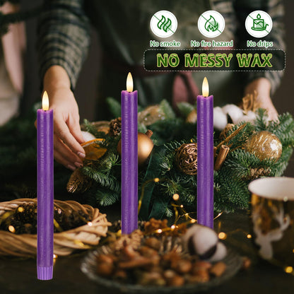 AFINETH Purple Flameless Taper Candles with Remote, 6 Pack Real Wax Battery Operated Candles, 9.6 Inch Flickering Led Christmas Candlesticks Decorations for Winter Home Holiday Xmas Gift