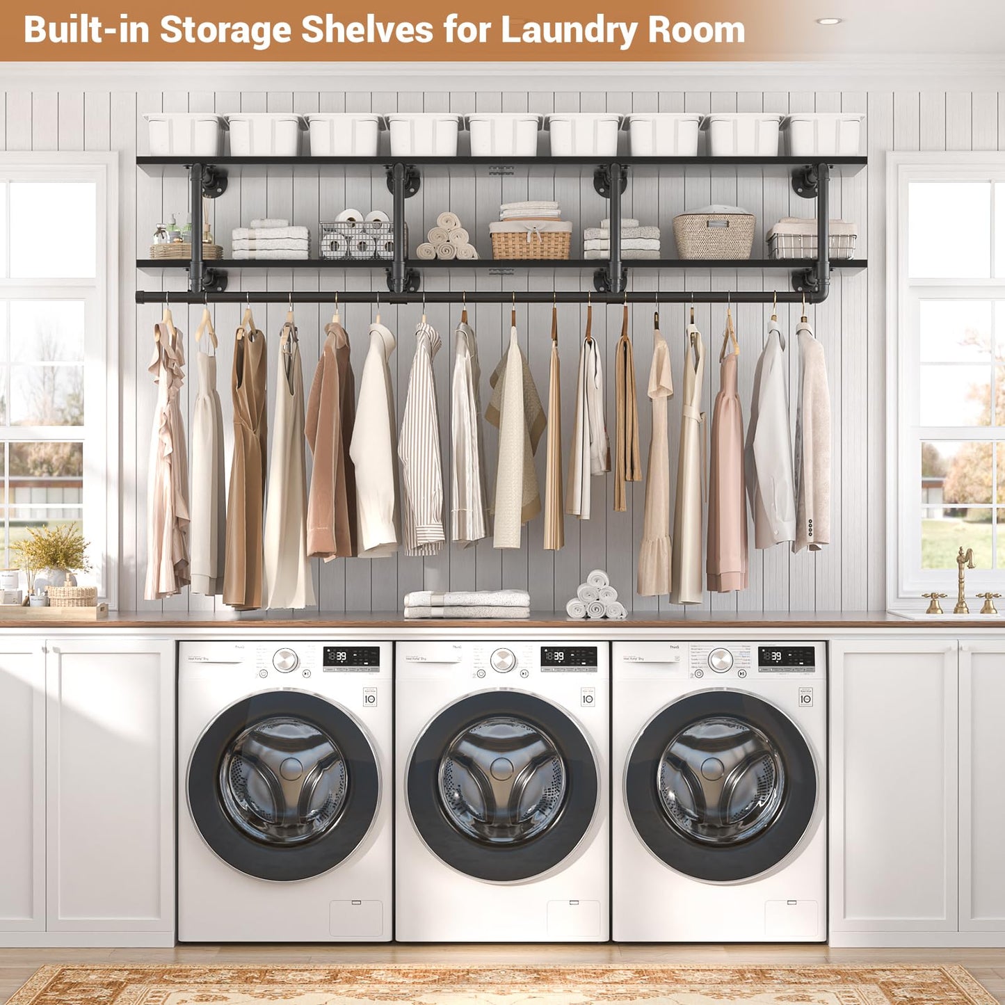 Aheaplus Industrial Pipe Clothes Rack with Top Shelf, 59In Space-Saving Wall Mounted Clothing Rack, 2 Tiers Heavy Duty Pipe Clothing Shelves with Hanging Rod for Laundry Room, Closet Storage, Black