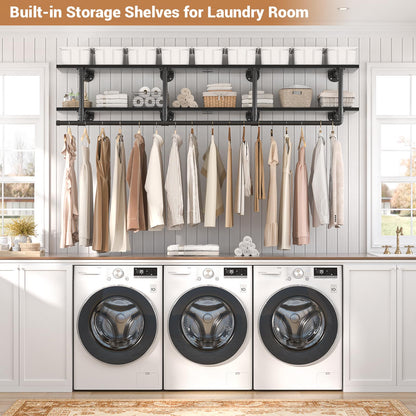 Aheaplus Industrial Pipe Clothes Rack with Top Shelf, 59In Space-Saving Wall Mounted Clothing Rack, 2 Tiers Heavy Duty Pipe Clothing Shelves with Hanging Rod for Laundry Room, Closet Storage, Black