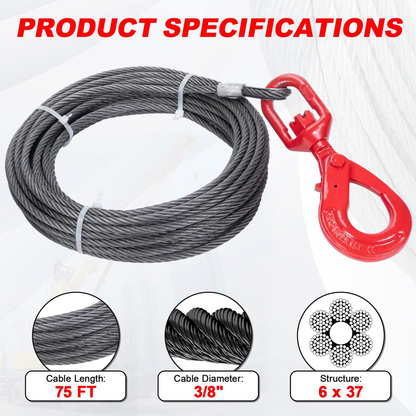 SajoSolid 3/8" x 75' Winch Cable with Safty Hook, 6 x 37 Strand Construction, Steel Winch Rope Heavy Duty 20,500 Lbs Breaking Strength, Tow Cable Suitable for Most Trailers and Heavy Lifting