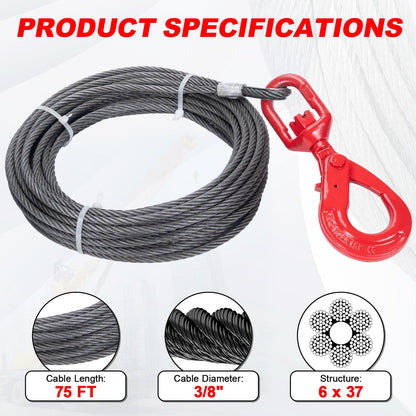 SajoSolid 3/8" x 75' Winch Cable with Safty Hook, 6 x 37 Strand Construction, Steel Winch Rope Heavy Duty 20,500 Lbs Breaking Strength, Tow Cable Suitable for Most Trailers and Heavy Lifting