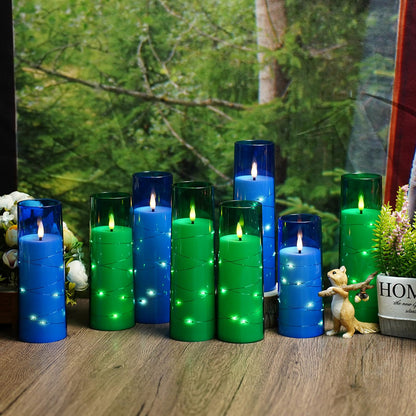 Eebuss Flameless Candles with Embedded Star String, Battery Operated LED Pillar Candles with Timer and Remote Control,Home Decorating for Ambiance， Set of 7 (Blue)