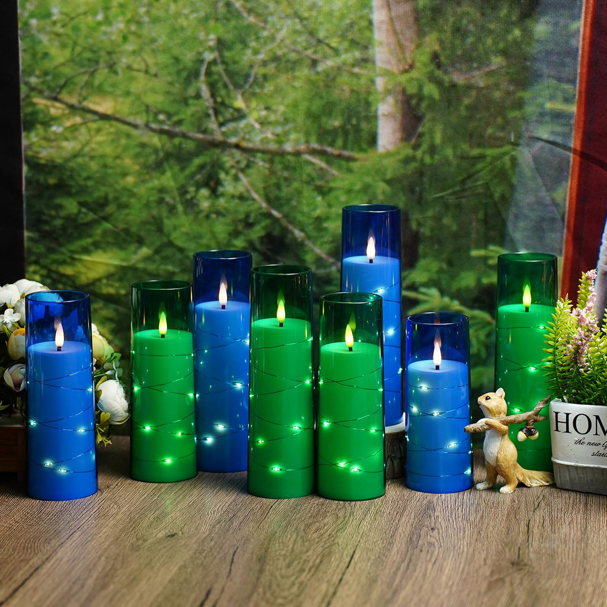 Eebuss Flameless Candles with Embedded Star String, Battery Operated LED Pillar Candles with Timer and Remote Control,Home Decorating for Ambiance， Set of 7 (Green)