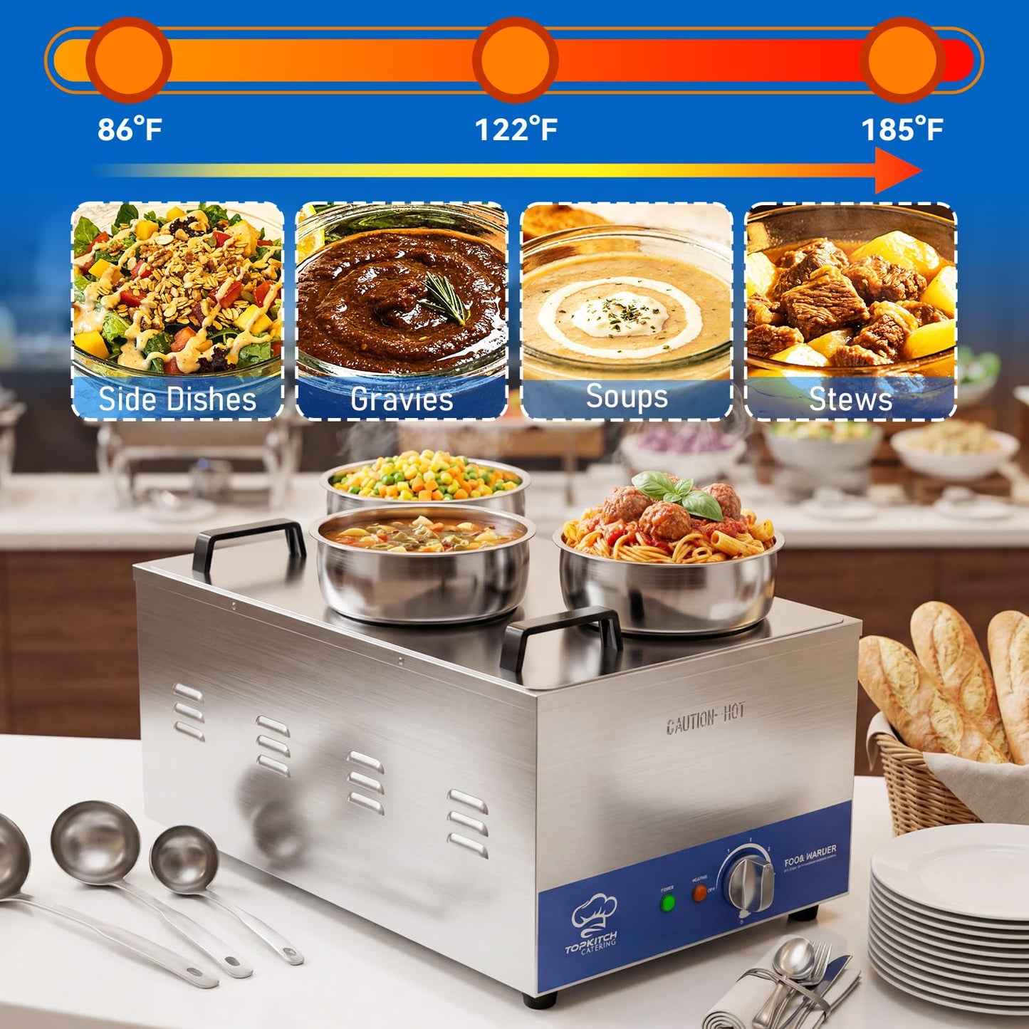 TOPKITCH ETL Listed Commercial 12L Soup Warmer with 3×4L Pot Buffet Bain Marie,Commercial Electric Food Warmer-120V 200W, Seamless One-Piece Tank, 30-85℃ Adjustable Temp Range.