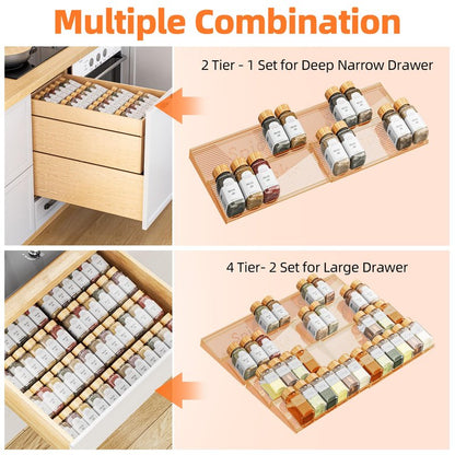 PanPanPal Spice Drawer Organizer, 4 Tier- 4 Pack Amber Acrylic Drawer Seasoning Organizer, Expandable From 11'' to 22'' Kitchen Spice Rack Organizers and Storage for Drawer (Jars not included)
