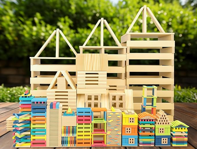 Jumbo 42 Pcs Medium Wooden Building Blocks for KidsNatural Pine Construction Toy - 9.8 in Large Building Planks for Fast &amp Satisfying STEM Play Sensory Motor Skills Family Game Night (20lbs)