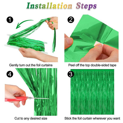 4 Pack Green Streamers, 3.28 FT x 7.05 FT Birthday Tinsel Backdrop, Metallic Foil Fringe Curtains Photo Booth Backdrop, Green Jungle Theme Decorations Birthday Decor