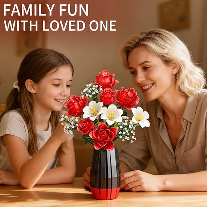 Rose Flowers Bouquet Building Set with Vase Included 1077 PCS Artificial Flowers Botanical Collection Kit for Adults Women Men &amp Teen Girl Mother's Day Birthday Gifts for Mom Her Wife Girlfriend