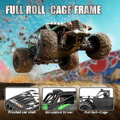 RC Cars 1:14 Scale 4WD Off-Road Monster Truck Rc 40+ KM/H 4X4 Waterproof ESC Remote Control Car with Dual 7.4V 1300mAh Batteries Extra Paddle Tires &amp Full Roll-Cage Frame for Adults &amp Boys