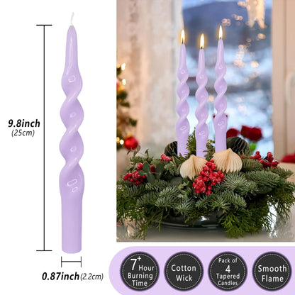 Spiral Taper Candles Twisted Candlesticks -10 INCH Purple Candle Sticks Long Tapered Candle Unscented Candle for Home Dinner Holiday Wedding Party