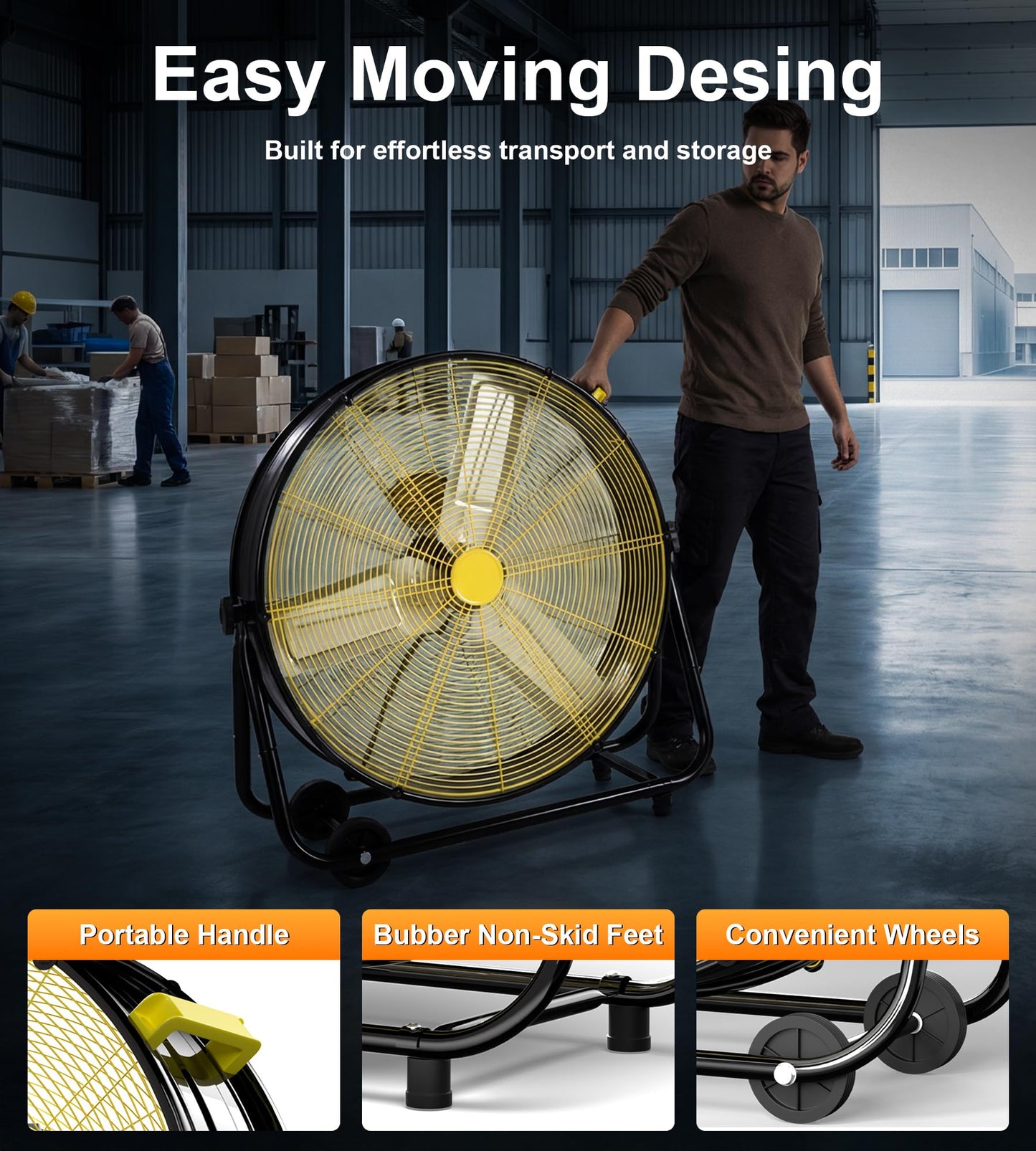 AKIRES 24IN Industrial Floor Drum Fan,8800CFM High Velocity Heavy Duty Shop Fan with 360° Tilt,Handle,320W High Velocity Drum Fan for Garage,Basement,Warehouse,Patio,Factory,Workshop,Commercial Use