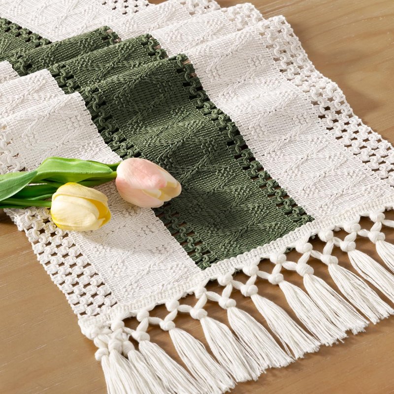 Socomi Boho Table Runner Summer Farmhouse Rustic Dining Kitchen Centerpiece Decor Small Macrame Woven Cotton Linen Coffee Table Runner for Dresser Scarf Home Decor 12x90 inch Olive Green
