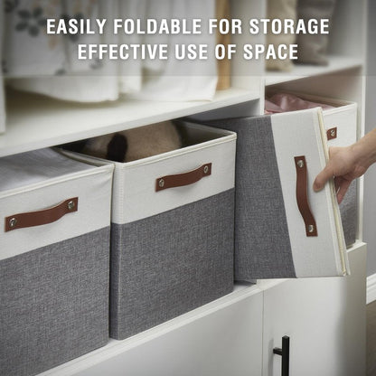 Bagnizer Collapsible Fabric Storage Cube Bins with 2 Reinforced PU Handles, Foldable Storage Organizer Baskets for Closet, Shelves, Living Room | 13"x13"x13", 4 Pack, Gray & White