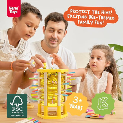 Nene Toys BeeFall Jumbo 4-in-1 Wooden Honey Bee Toy for Kids Ages 3-9 - Educational Game with Wooden Honeybee Hive 12 Bees Colorful Sticks Dice &amp Cards - Fun Family Game for Cognitive Developm