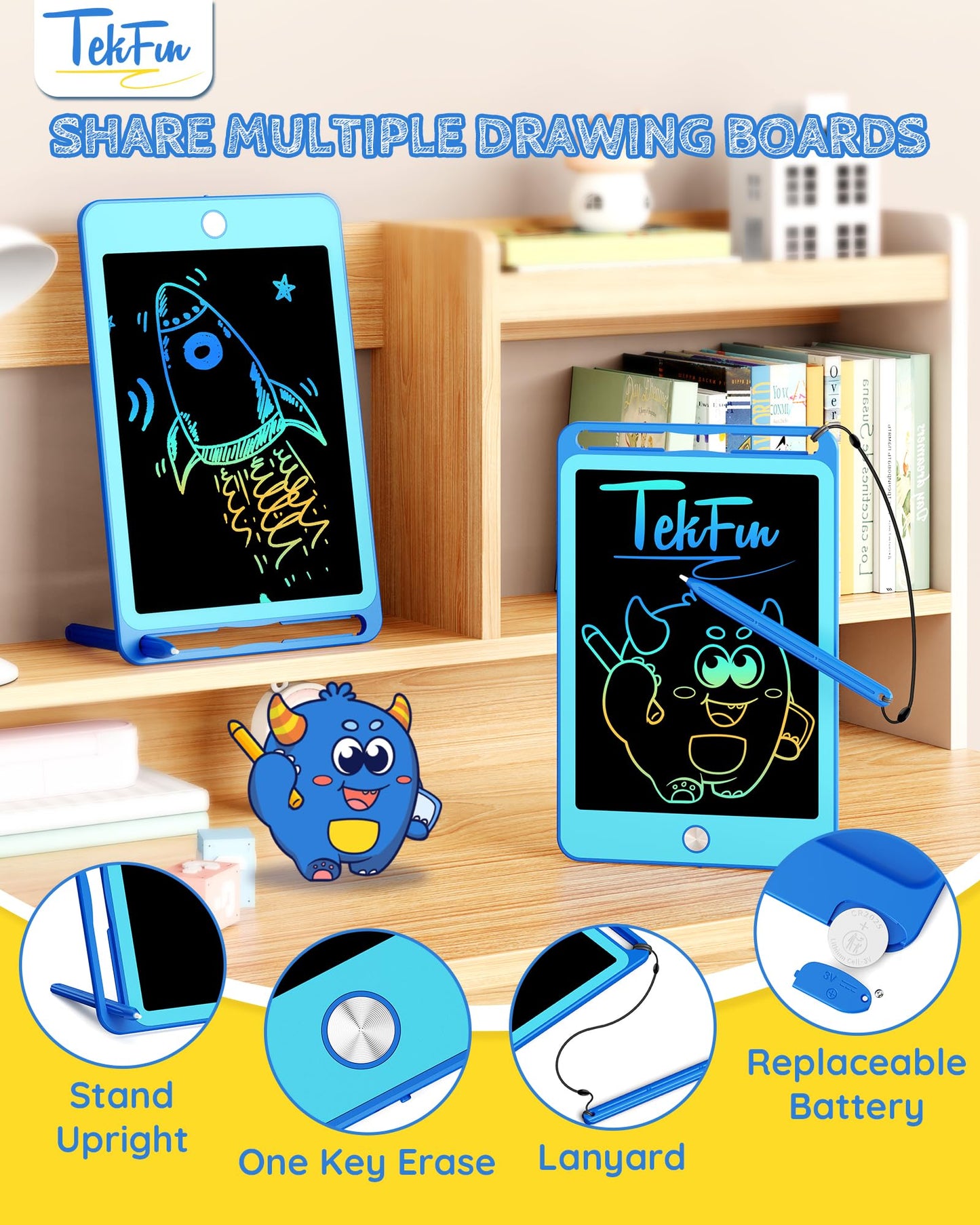TEKFUN 2 Pack LCD Writing Tablet for Kids, 10 Inch Blue+Blue Doodle Board Drawing Board Reusable Drawing Tablet with Lanyard, Educational Kids Toys Birthday Gift for Boys Girls 3-12 Years Old