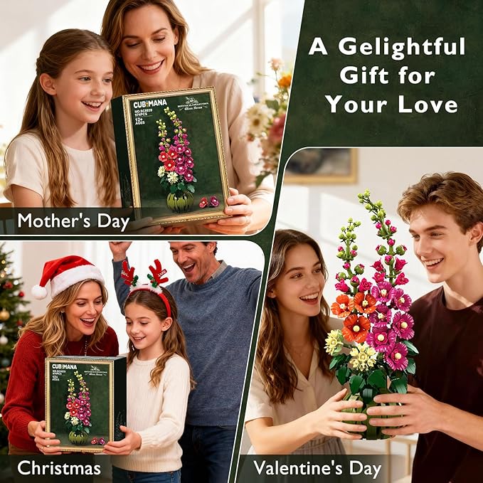 Flowers Botanicals Alcea Rosea Building Set for Adults - Artificial Bonsai Plant for Home Office Décor 974PCS Flower Building Block Indoor Decoration Birthday Easter Gift for Wife Women