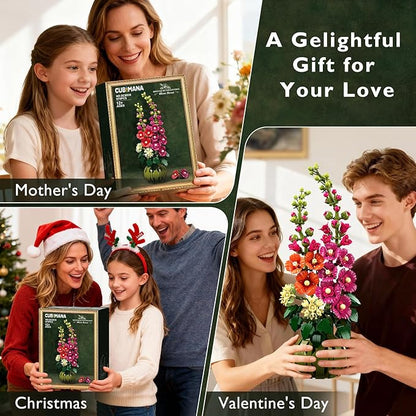 Flowers Botanicals Alcea Rosea Building Set for Adults - Artificial Bonsai Plant for Home Office Décor 974PCS Flower Building Block Indoor Decoration Birthday Easter Gift for Wife Women