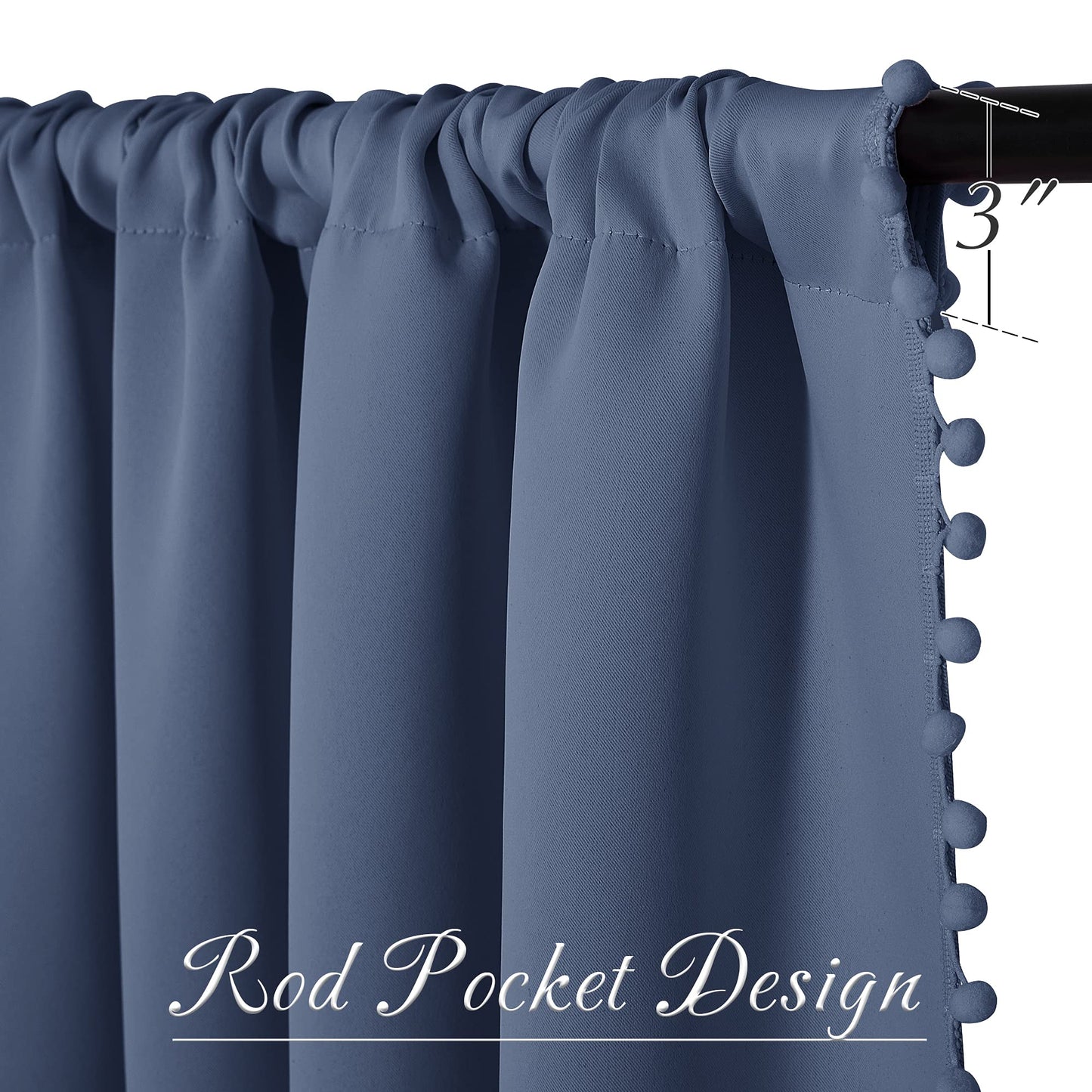 StangH Stone Blue Blackout Curtains 84 inch for Living Room/Patio Sliding Door, Pompom Thermal Insulated Door Panels for Bedroom, Nursery Kids Home Decoration, W52 x L84, 2 Panels