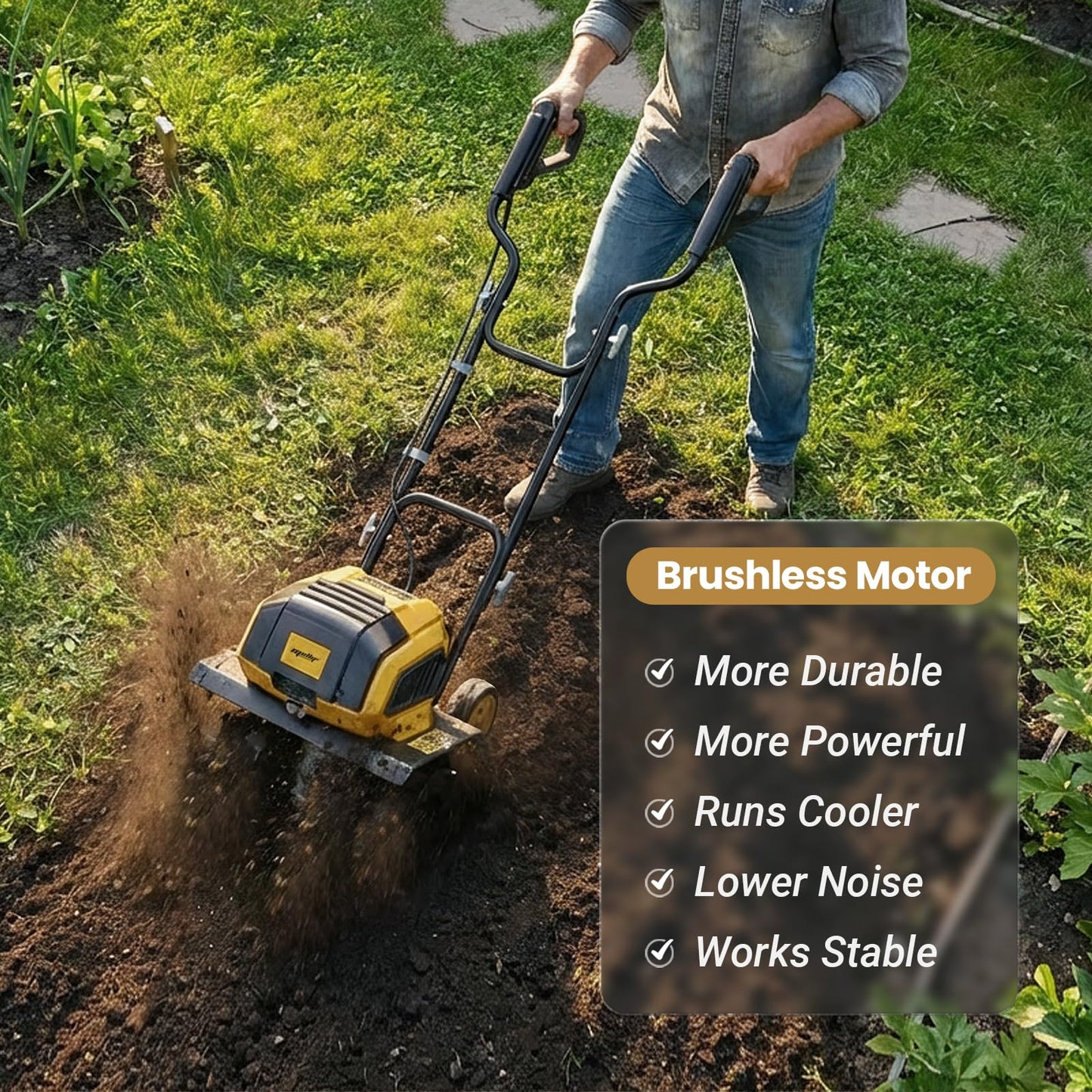 40v Cordless Brushless Tiller Cultivator Compatible with Dewalt 20v Battery(Tool Bare), 14.2in Electric Garden Rototiller, 8.7in Depth, Foldable, Adjustable Wheels for Lawn, Soil Prep,Grass Reseeding