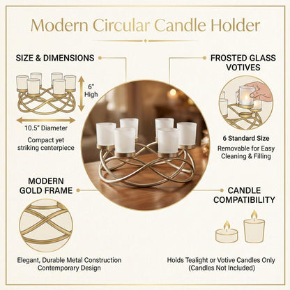Seraphic Centerpieces for Table Decorations - Round Candle Holders for Outdoor Patio, Dining, Kitchen, Coffee & Wedding Table Decor, Gold Iron Candelabra, 6 Frosted Glass Votive Tealight Cups