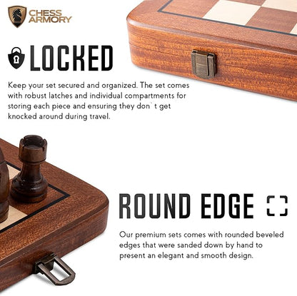 Chess Armory Wooden Chess Set 15 Inch - Premium Sapele Wood Handcrafted Game Board for Adults and Kids with Extra Queen Pieces and Storage Box - Ideal for Home and Travel - Non-Magnetic