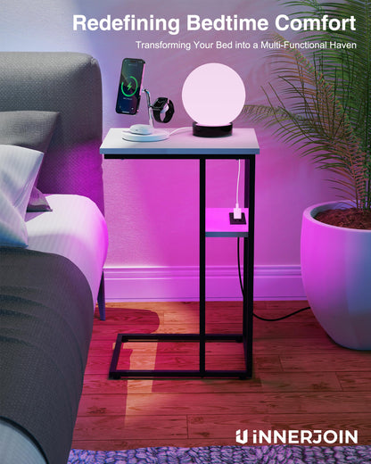 Innerjoin Side Table with Charging Station Set of 2, C Shaped End Table with LED Light Strip, Fast Charge Type C & USB Ports, Small Sofa Snack Laptop Side Table for Living Room Bedroom, Rustic Brown