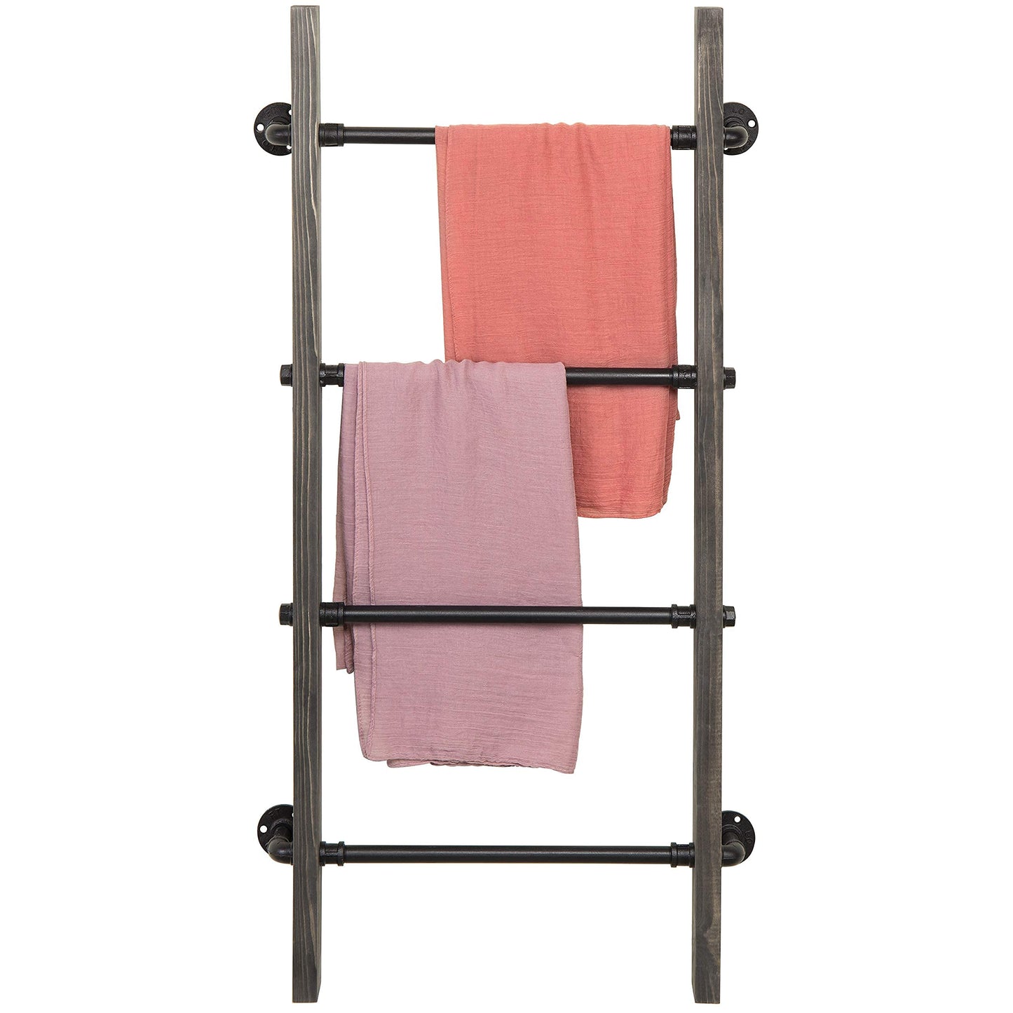 MyGift Wall-Leaning Rustic Gray with White Finish Wood Ladder-Style Blanket Rack Vintage Grey Wood & Industrial Metal Pipe Wall Mounted Ladder Rack, 46 Inch Towel Shelve