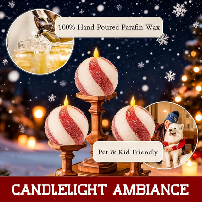 Christmas Sphere Candy-Cane Flameless Candles - Glitter Red&White Real Wax Flickering Ball Candles Battery Operated with Remote, Candy Cane Christmas Decorations, Xmas Tables Centerpieces Decor, 2PCS