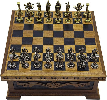 Wooden Chess Set with Storage – Handcrafted Chess Board and British Figure Metal Chess Pieces – Decorative Chess Game for Adults &amp Kids – Premium Gift for Family &amp Friends (Gold Chess Pieces)