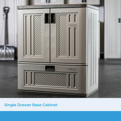 Suncast Base Storage Cabinet with Drawer for Garage Organization - Lockable Single-Drawer Organizer with Shelf for Garden Supplies, Paint Cans & Outdoor Tools, Multi-Wall Resin Construction, Platinum