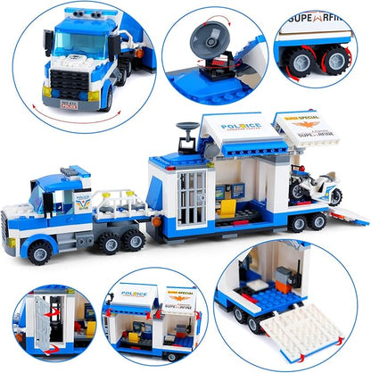 City Police Mobile Command Center Truck Building Blocks Kit Toys Police Vehicles Series Prison Break Jail Set with Action Cop Motorbike ATV Arms Play Set for Boys and Kids Age 5+ (483 Pieces)
