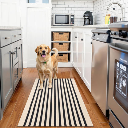 OLANLY Striped Rug - Washable Beige and Black Cotton Doormat | 2'4" x 3'7" for Indoor/Outdoor Use
