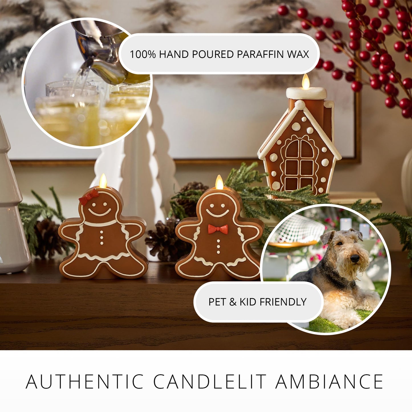 Luminara Flameless Candle Moving Flame LED with Timer, Real Unscented Wax Gingerbread Boy Figural 4.6"x5.5", Battery Operated Christmas Holiday Decor, Remote Compatible (Batteries Not Included)