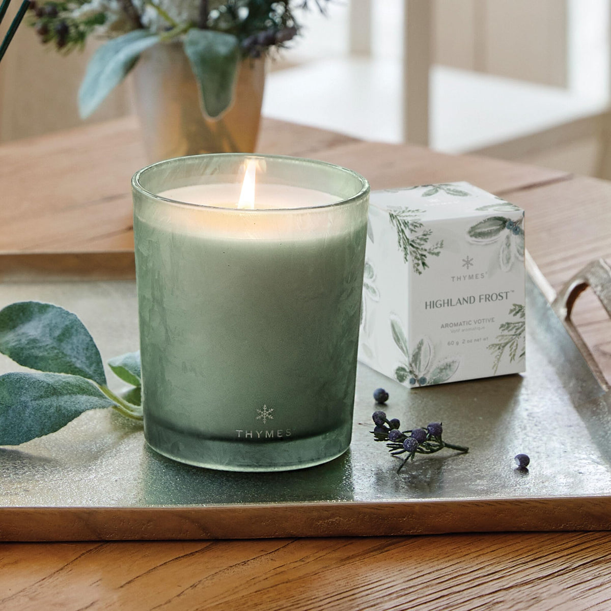 Thymes Scented Candles for Home Decor - Luxury Home Fragrance Gifts for Women & Men - Winter Candles with Crisp Notes of Sage, Eucalyptus, & Cypress Needles - Sage-Green (Highland Frost, 13 oz)