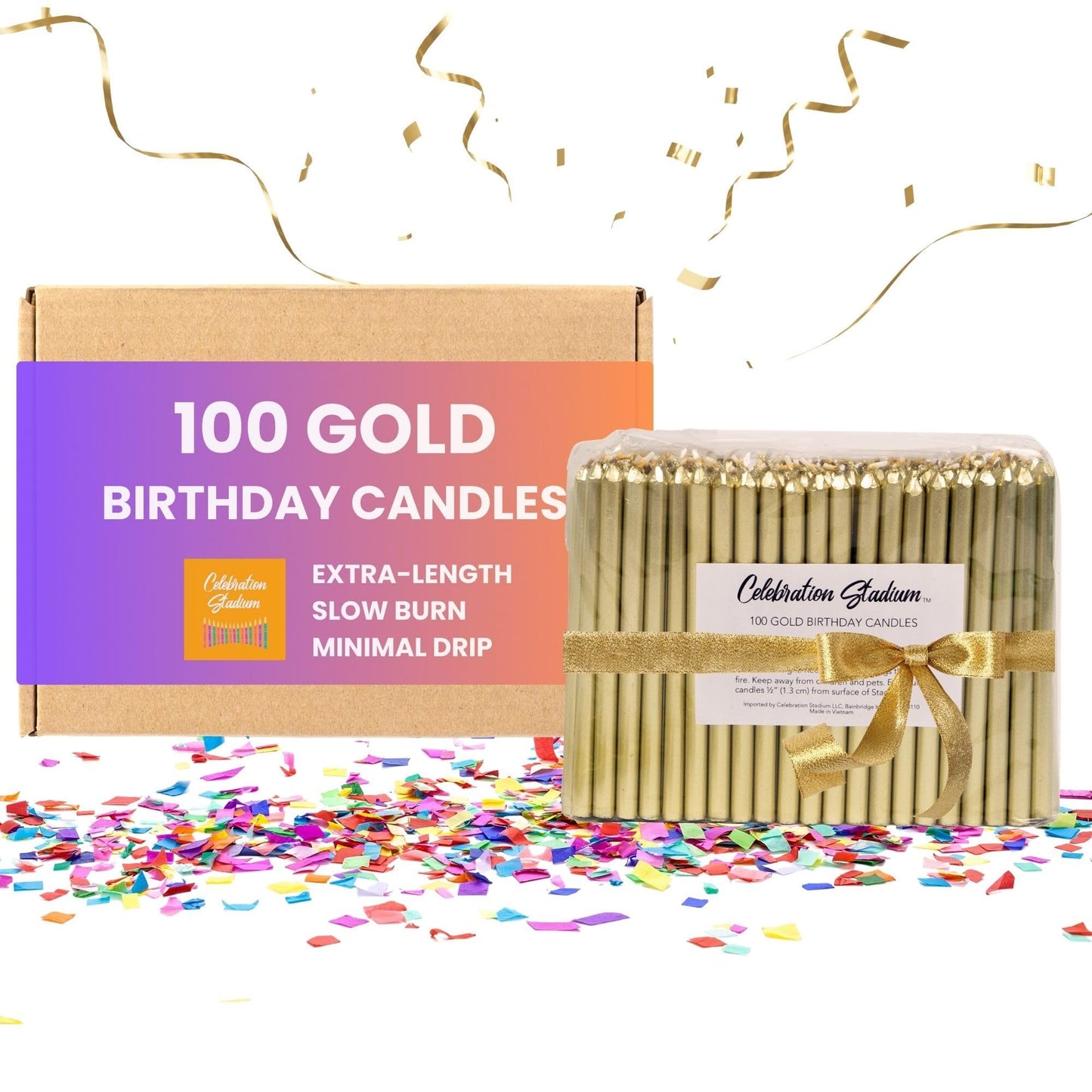 Celebration Stadium Tall Gold Birthday Candles for Cake and Table Decorations, Perfect for Milestone Special Day, Elegant Gold Birthday Candles, Ideal for Celebrations, 100 Pieces, 3.25 Inches