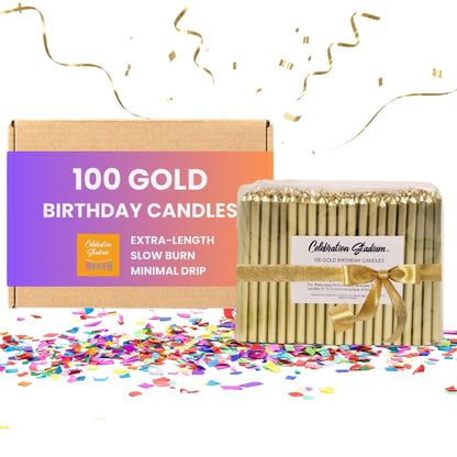 Celebration Stadium Tall Gold Birthday Candles for Cake and Table Decorations, Perfect for Milestone Special Day, Elegant Gold Birthday Candles, Ideal for Celebrations, 100 Pieces, 3.25 Inches