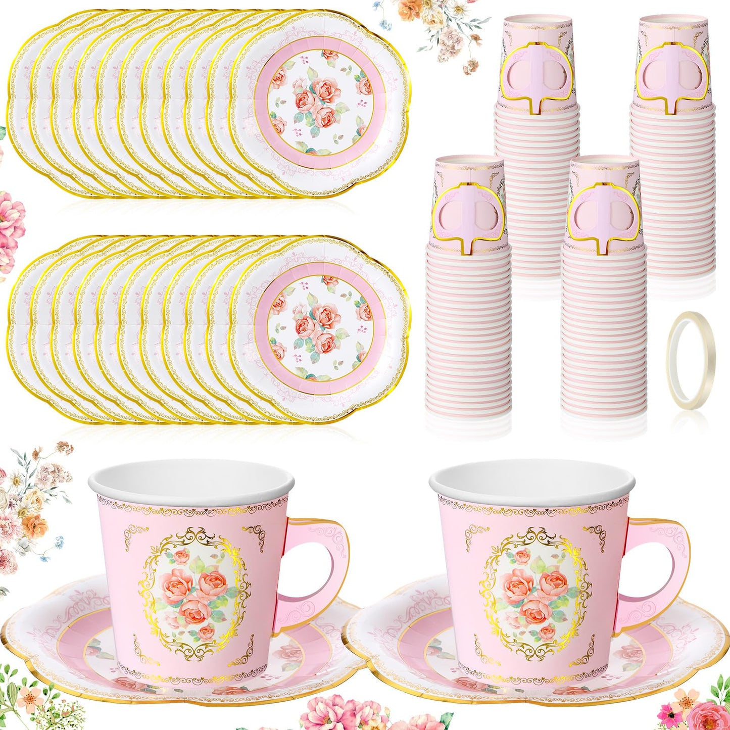 Umigy 60 Sets Tea Party Decorations 6.5oz Floral Paper Tea Cups with Handle and Plates Disposable Blossom Teacups and Saucers Sets with Tape for Hot Cold Drink Birthday (Pink Rustic)