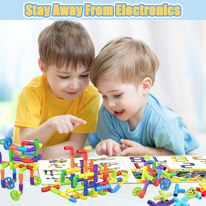 STEM Building Toys for Kids - 250 Pcs Tubular Pipe &amp Spout Interlocking Construction Set | Toddler Learning Toys Age 3-5 6-8 | DIY Tube Locks Blocks with Storage Box &amp Idea Book | Gift for Boy