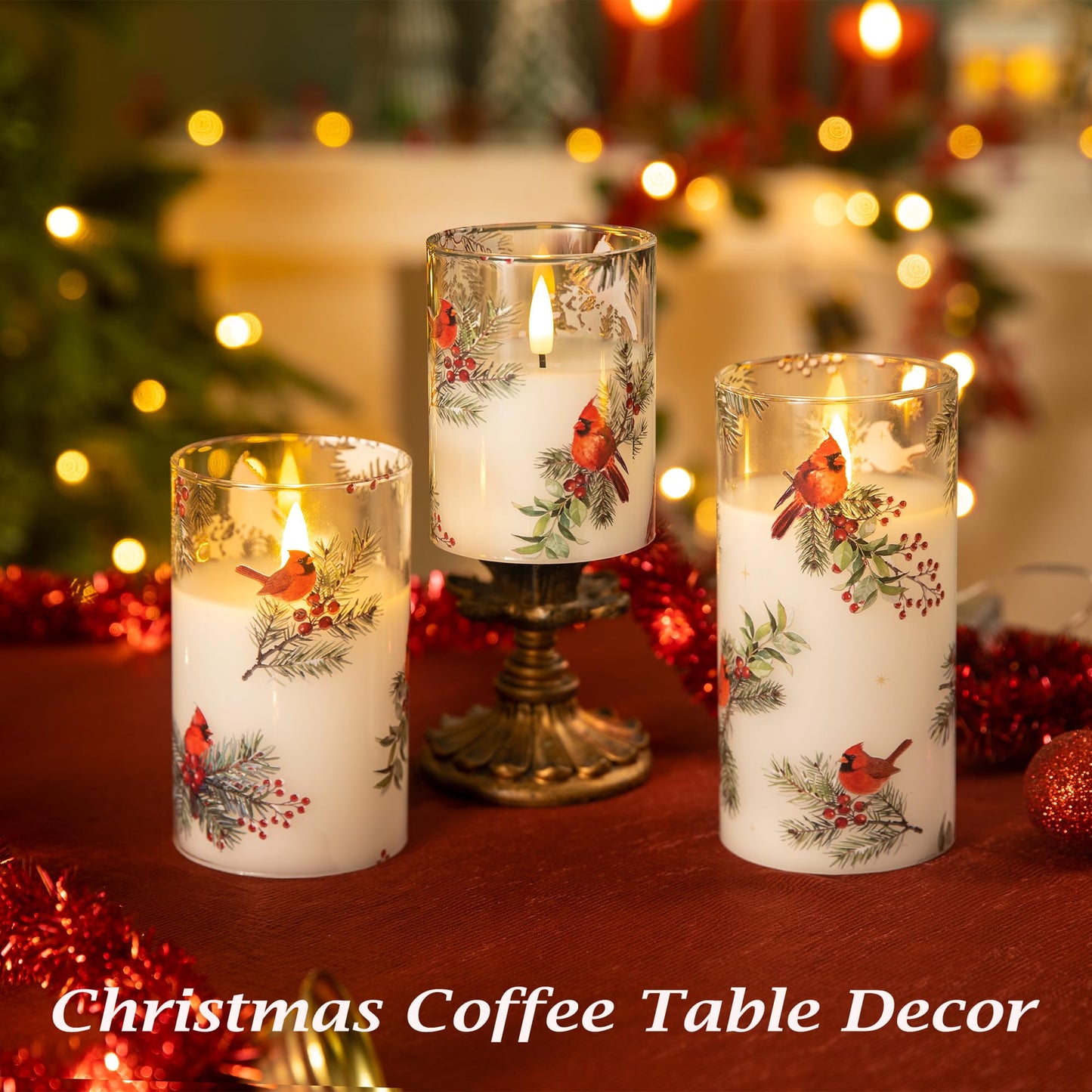 LUSHARBOR LUSHABOR Christmas Flameless Candles, 3 Pack Battery Operated Candles for Christmas Mantel Decor, Glass LED Flickering Candles Home Xmas Party Holiday D3 H4 5" 6", Bird