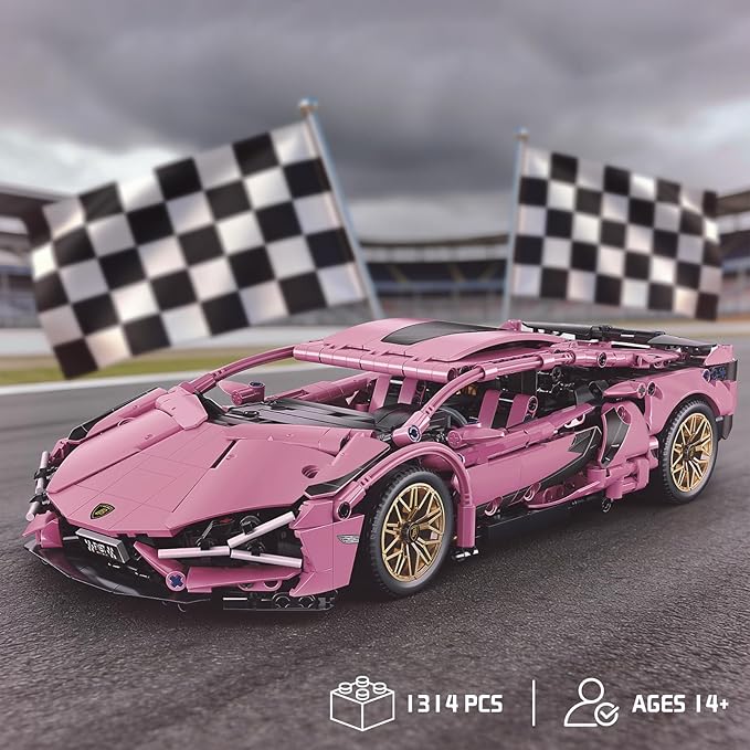Race Car Building Block Set – 1:14 Pink Sport Speed Technical Supercar Model Kit 1314 PCS Collectible Challenging Vehicles Toys Birthday Gifts for Adults Boys Teens Age 8-12 8-14 14+