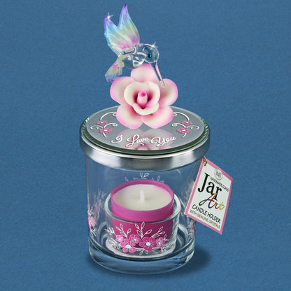 Glass Baron Candle Holder Jar, Blown Glass Hummingbird Lid with Airbrushed Porcelain Flower & Austrian Crystal Accents, 5.5 x 3 inches