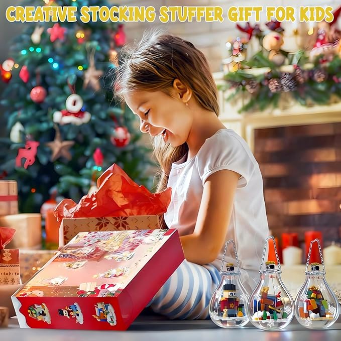 6 Pack Christmas Tree Bulb Ornament with Light Building Set Including Gingerbread House Penguin House Christmas House Fireplace Nutcracker Reindeer Stocking Stuffer Toy Gifts for Kids.(405PCS)