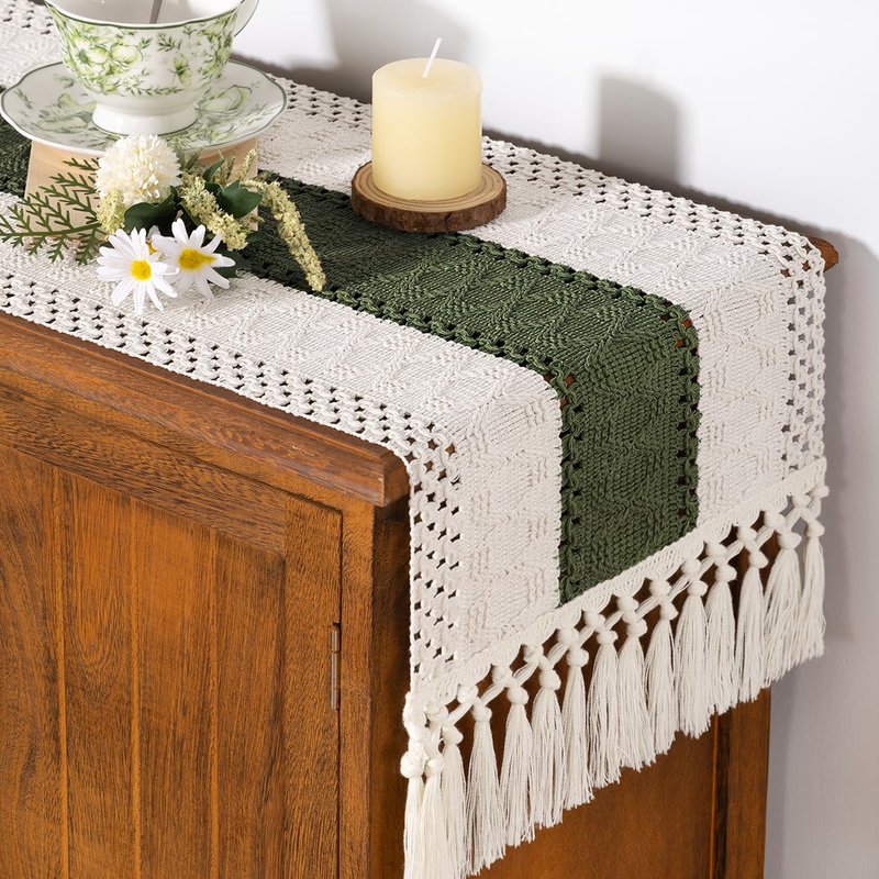 Socomi Boho Table Runner Summer Farmhouse Rustic Dining Kitchen Centerpiece Decor Small Macrame Woven Cotton Linen Coffee Table Runner for Dresser Scarf Home Decor 12x48 inch Olive Green