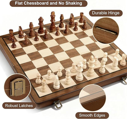 Magnetic Wooden Chess Set 2 Extra Queens 15'' Folding Portable Travel Chessboard with Chess Pieces Storage Slots for Professional Tournament Beginner Adults Kids 6 up Age DUR-001