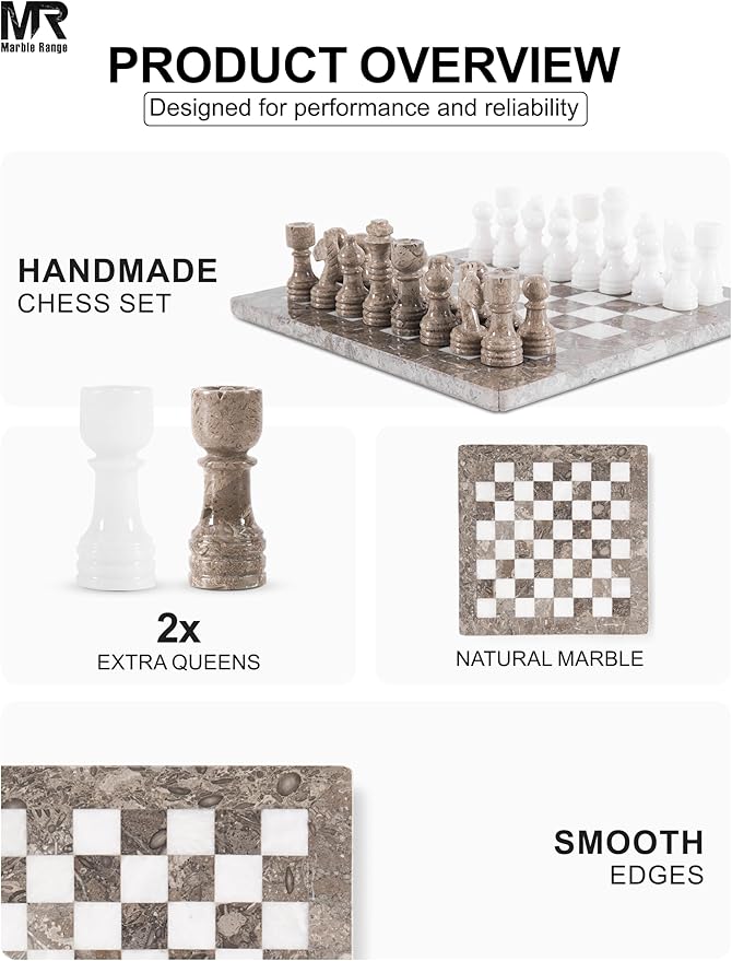 Marble Chess Set for Adults 12 Handmade Oceanic &amp White Board Game with 32 Chess Pieces 2 Extra Queens &amp Storage Box Luxury Travel Game Elegant for Home Decor