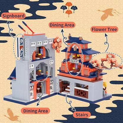 Oichy Japanese Street View Ramen Shop Mini Building Blocks Creative City Architecture Model Set 1083 PCS Mini Bricks Construction Toy Building Sets Idea Gifts for Kids and Adults