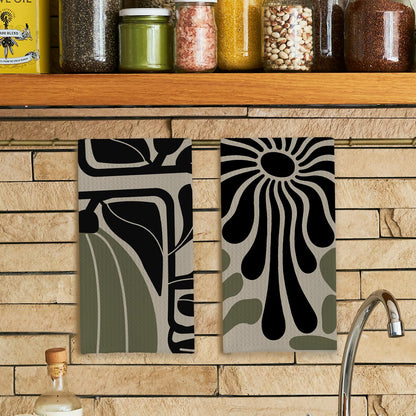 Qpenm Sage Green Groovy 70s Retro Kitchen Towels Set of 2 - Boho Floral Dish Towels for Kitchen, Boho Hand Towels for Bathroom, Boho Sage Green Bathroom Kitchen Decor, 16x24 Inches