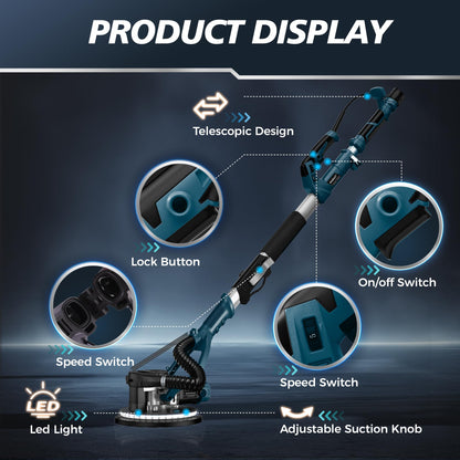 MAKELIFT Drywall Sander with Vacuum Dust Collector, 880W 7.33A Popcorn Ceiling Removal Tool, LED Light, 5 Variable Speed 1000-2100RPM, Foldable & Extendable Handle, 12 Sanding Discs