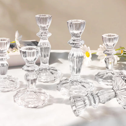 CHOCSTAY Glass Candlestick Holders Set of 6, Clear Stripe Taper Candle Holders for Table Centerpiece, Home Decorations, Wedding and Party